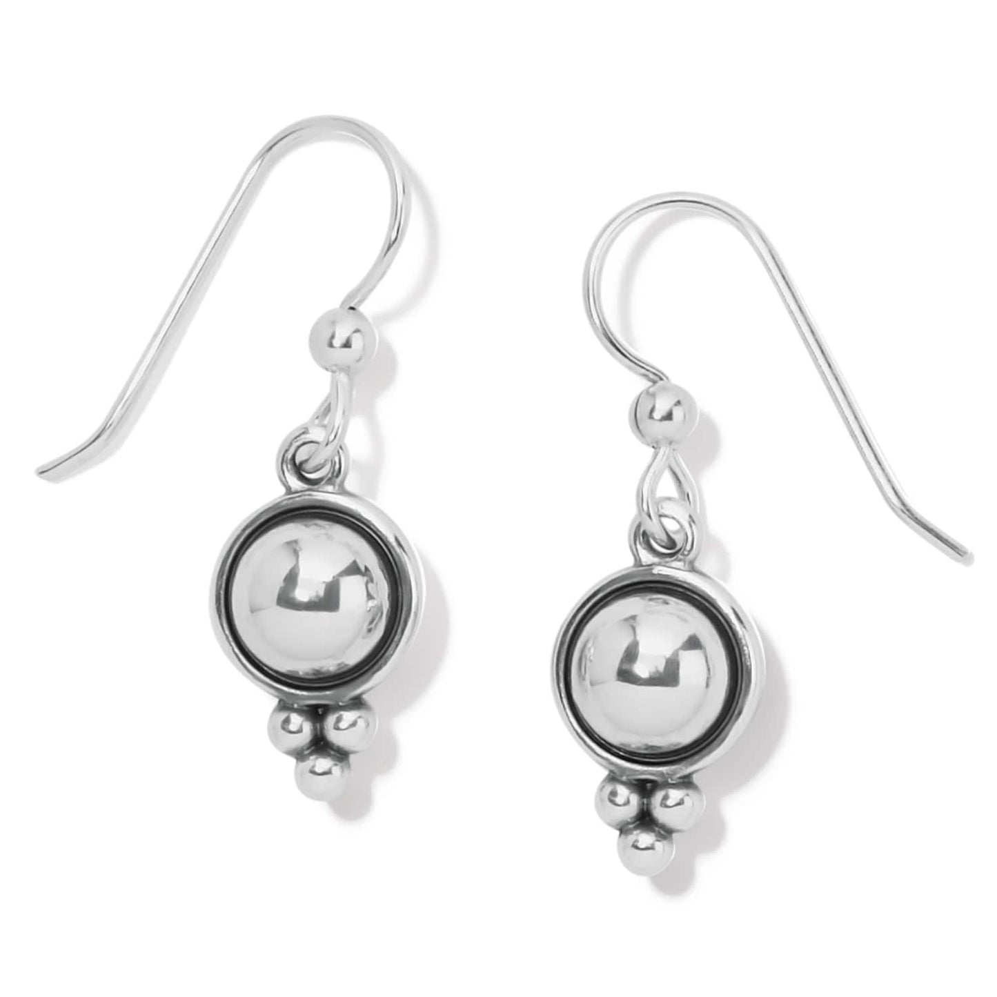 Brighton drop earrings with silver-plated round bead centers and small triple bead accents on a white background