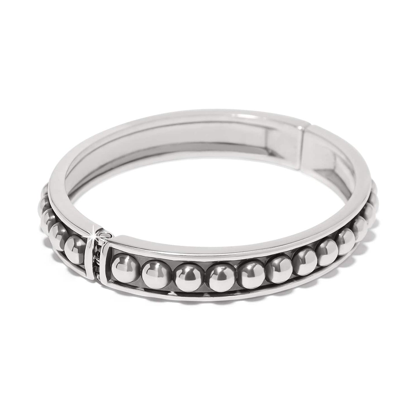 Brighton hinged bangle bracelet with silver-plated beaded row detail and polished band on a white background