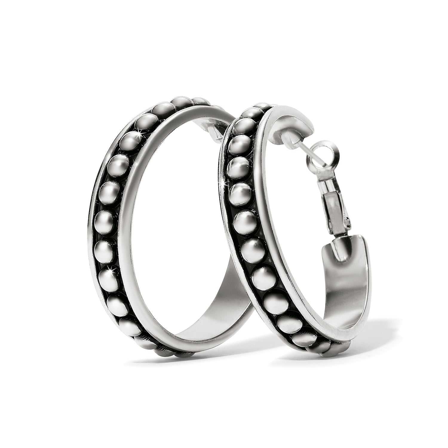 Brighton hoop earrings with silver-plated beaded design and hinged closures on a white background