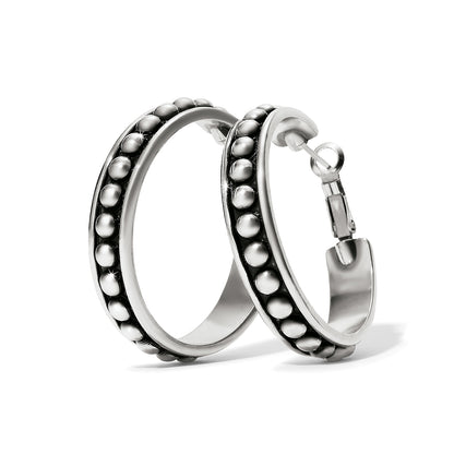 Brighton hoop earrings with silver-plated beaded design and hinged closures on a white background