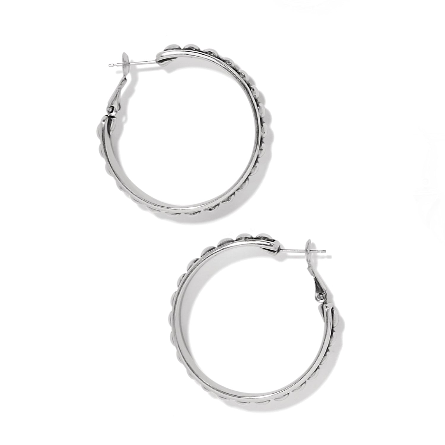 Brighton silver-plated hoop earrings with beaded outer edge detail and hinged posts on a white background