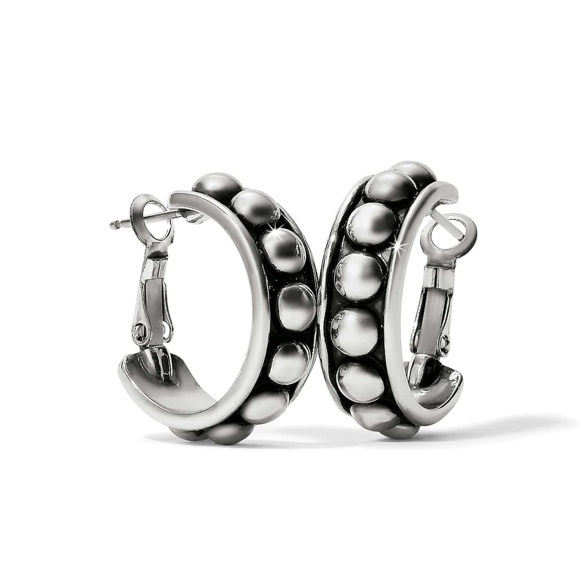 Brighton hoop earrings with silver-plated beaded design and post backs on a white background