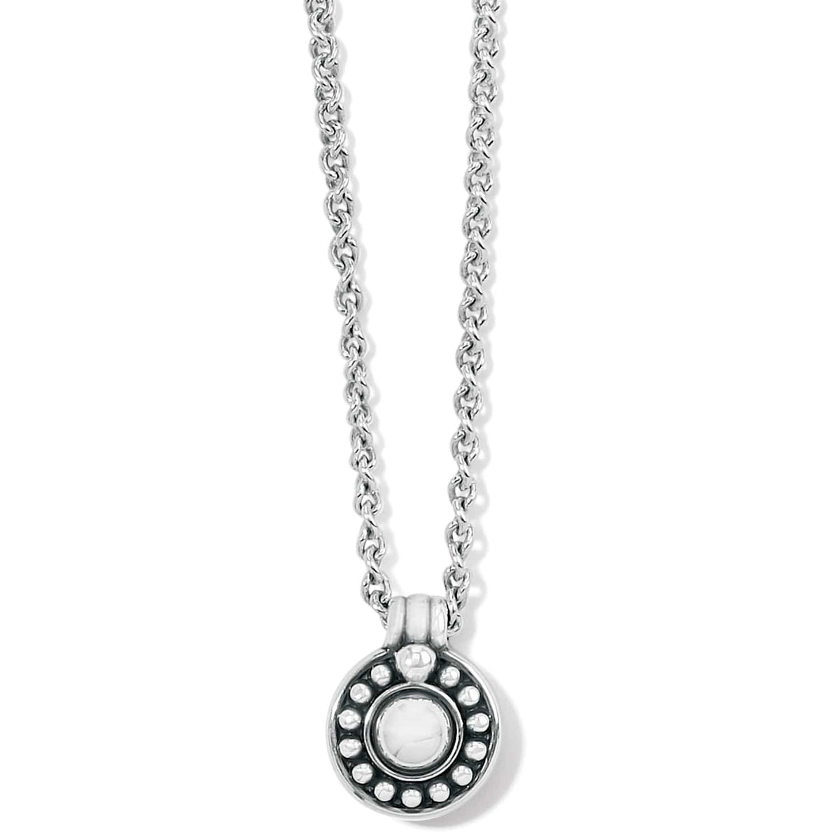Brighton pendant necklace with silver-plated round beaded medallion and center stone on a white background