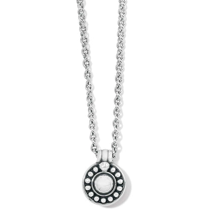 Brighton pendant necklace with silver-plated round beaded medallion and center stone on a white background