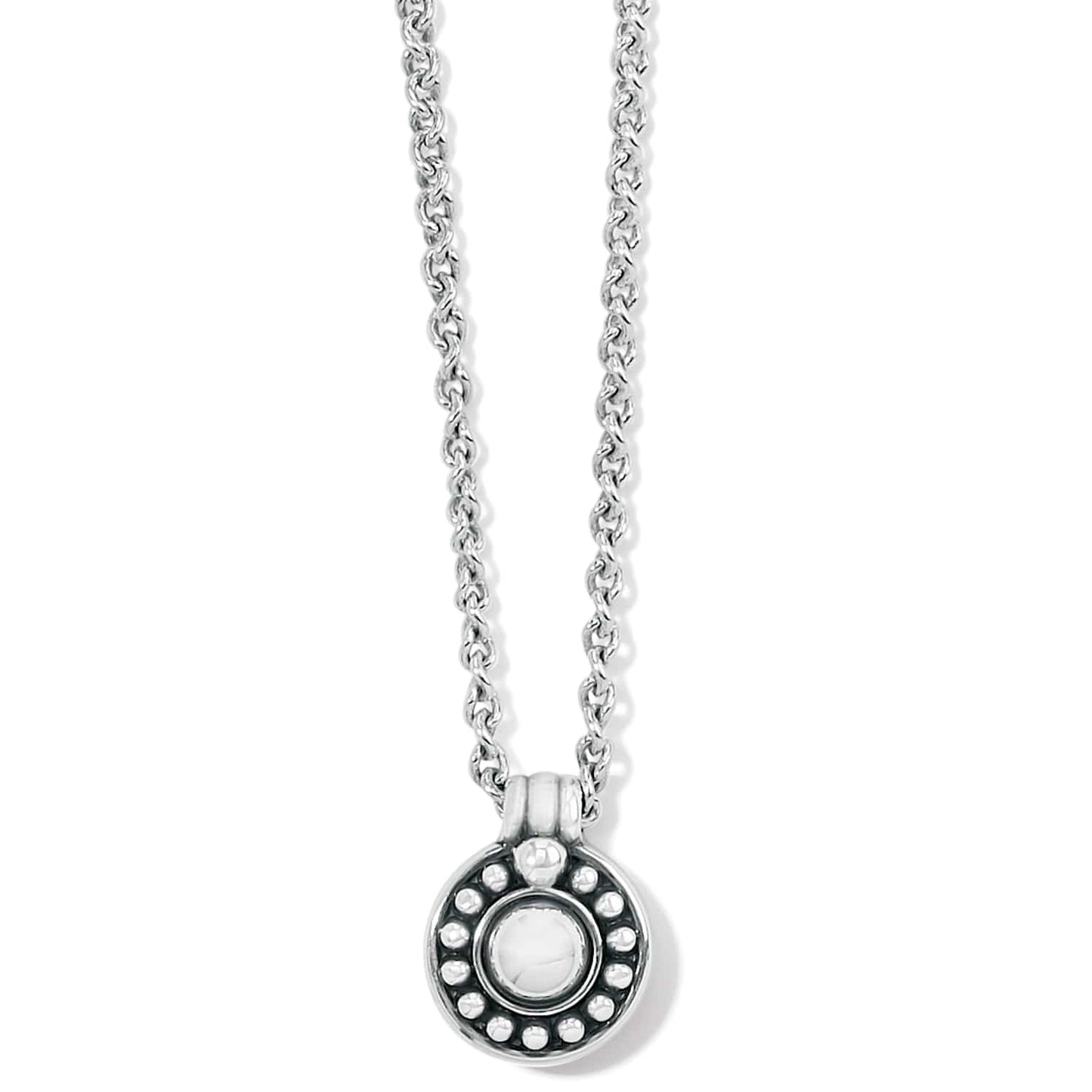 Brighton pendant necklace with silver-plated round beaded medallion and center stone on a white background