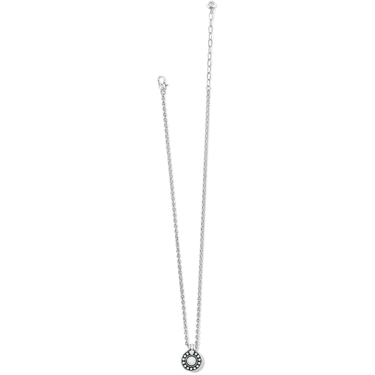 Brighton pendant necklace with silver-plated chain and small round beaded medallion with center stone on a white background