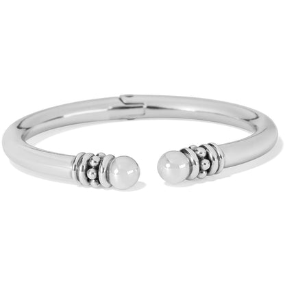 Brighton hinged cuff bracelet with silver-plated finish and beaded accents at open rounded tips on a white background