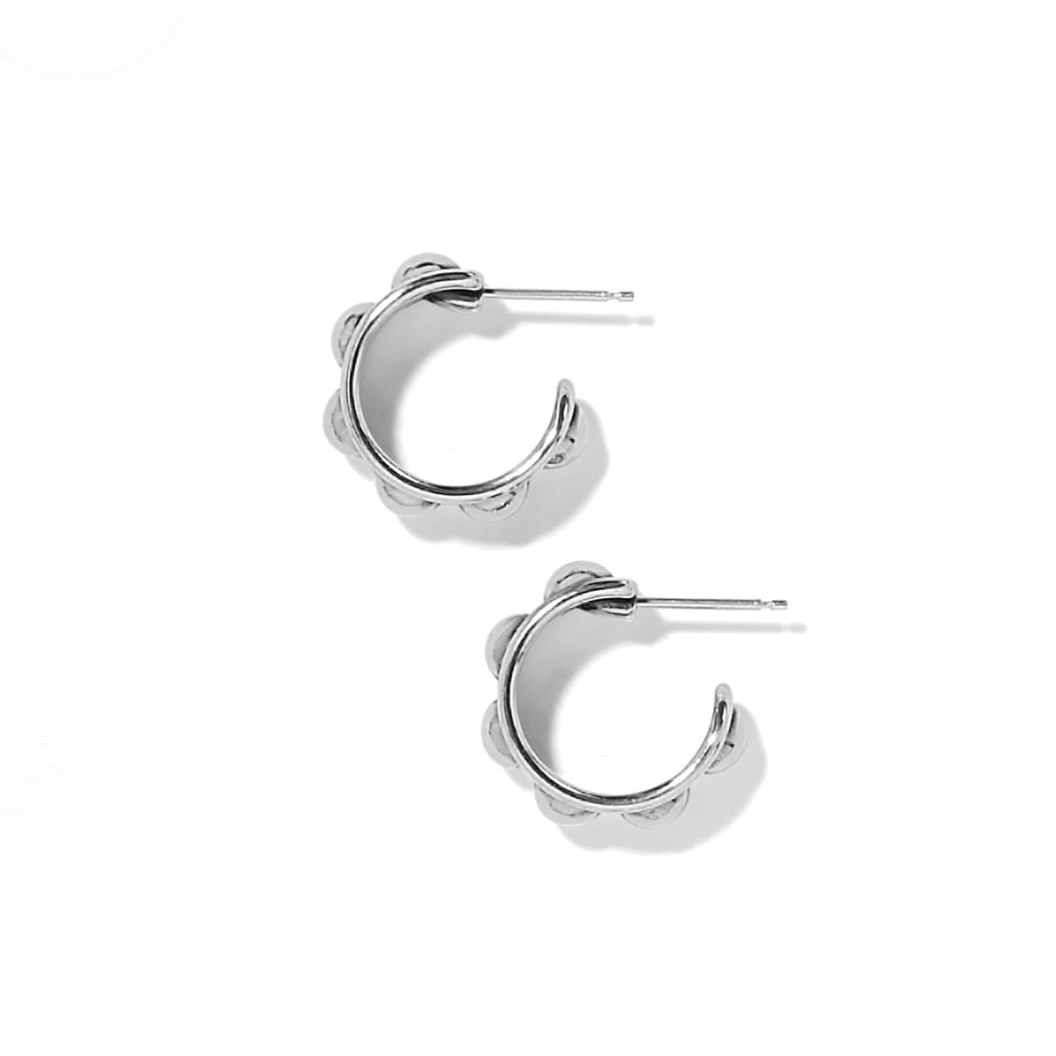 Brighton silver-plated hoop earrings with beaded outer edge detail and post backs on a white background