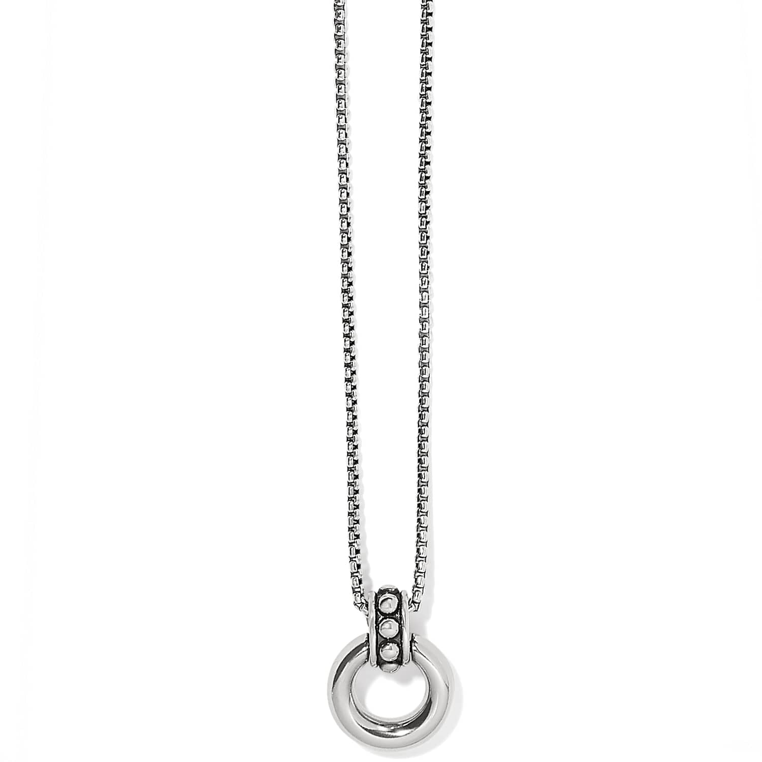 Brighton pendant necklace with silver-plated circle ring charm and beaded bail on a delicate box chain on a white background