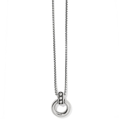 Brighton pendant necklace with silver-plated circle ring charm and beaded bail on a delicate box chain on a white background