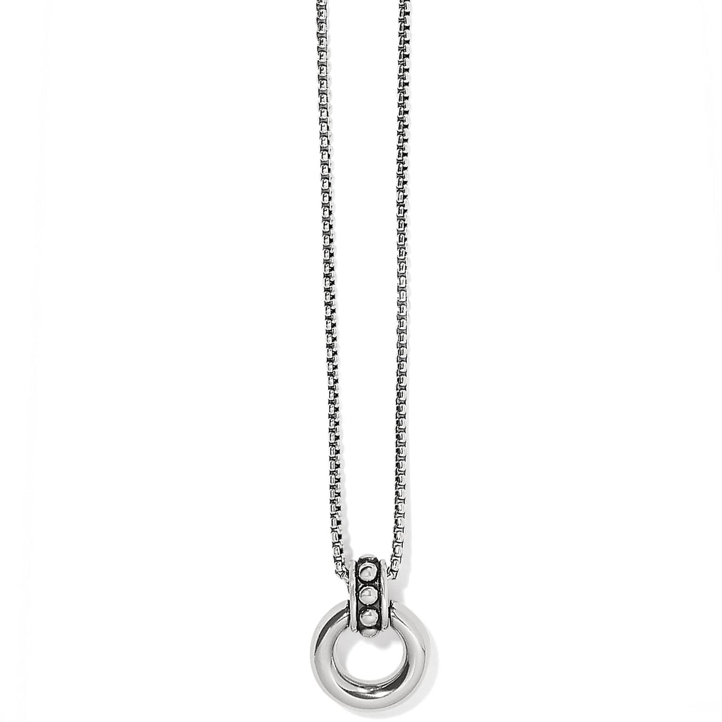 Brighton pendant necklace with silver-plated circle ring charm and beaded bail on a delicate box chain on a white background