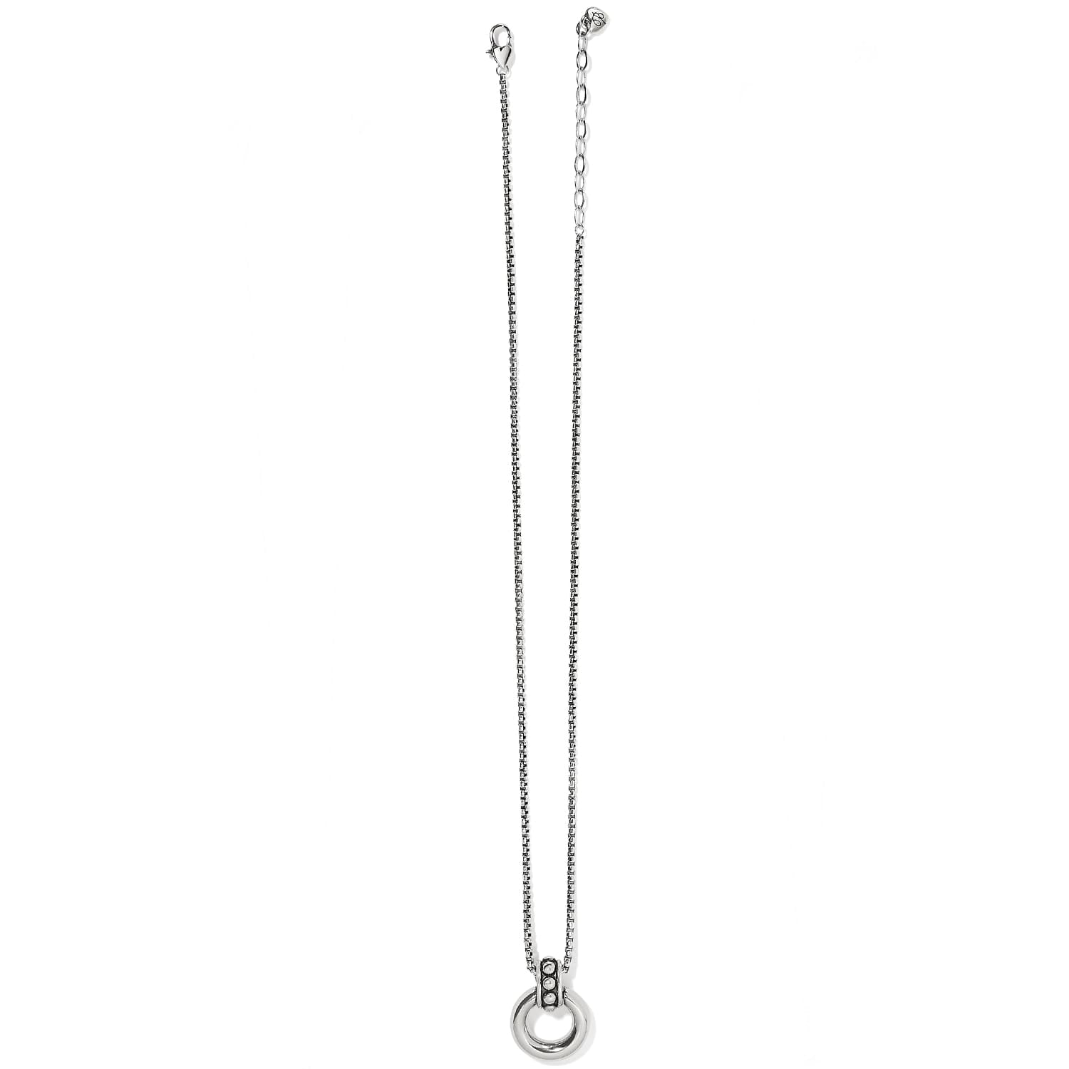 Brighton pendant necklace with silver-plated box chain, small circular ring pendant, and lobster clasp on a white background