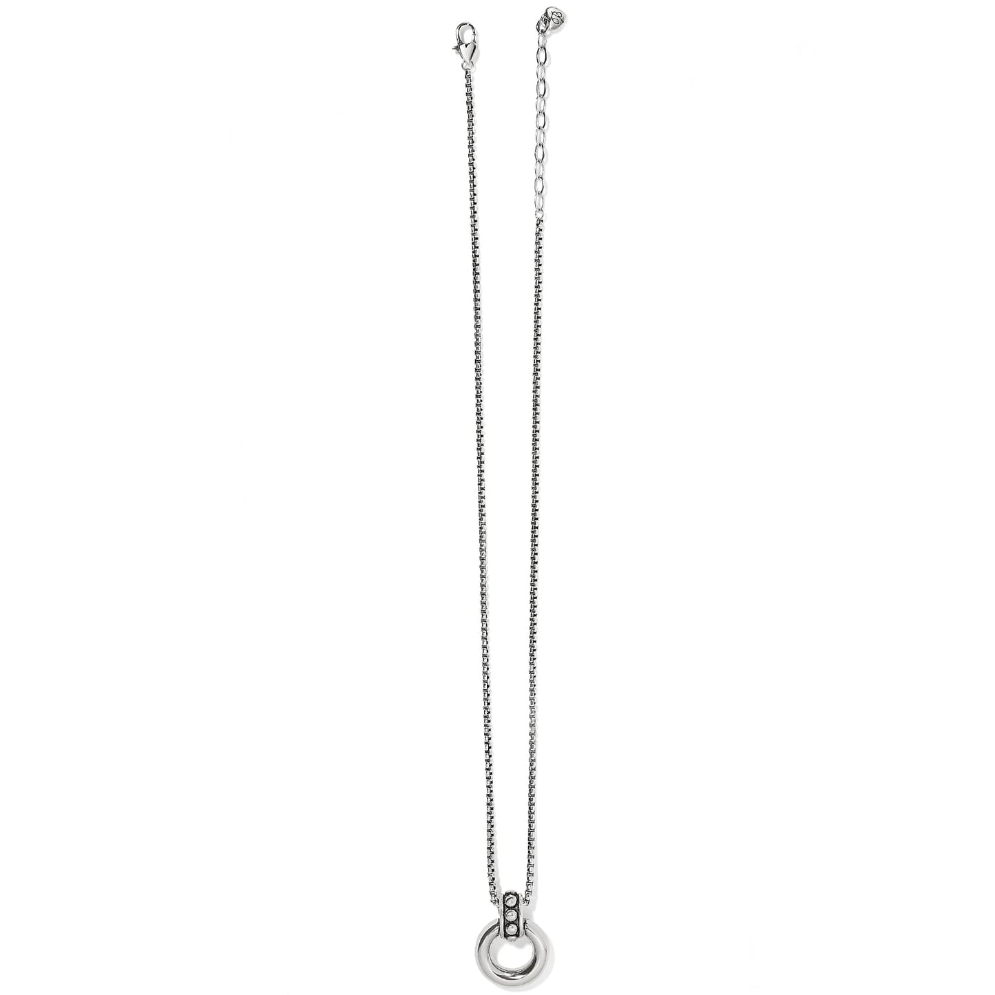 Brighton pendant necklace with silver-plated box chain, small circular ring pendant, and lobster clasp on a white background