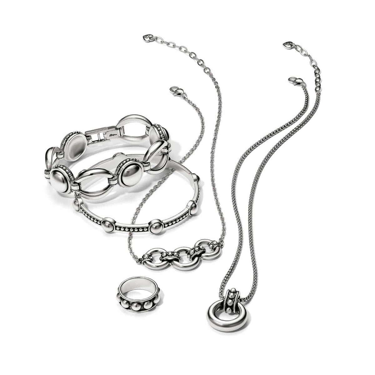 Brighton silver-plated jewelry set styled with bracelets, a ring, and necklaces featuring beaded and oval link details