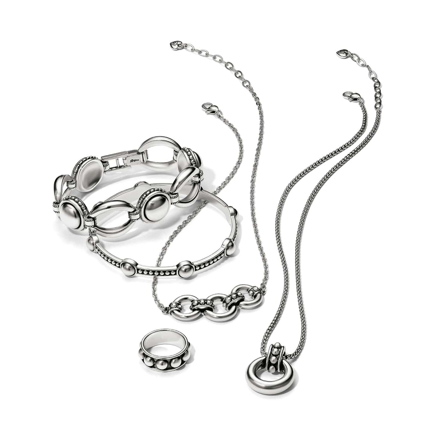 Brighton silver-plated jewelry set styled with bracelets, a ring, and necklaces featuring beaded and oval link details
