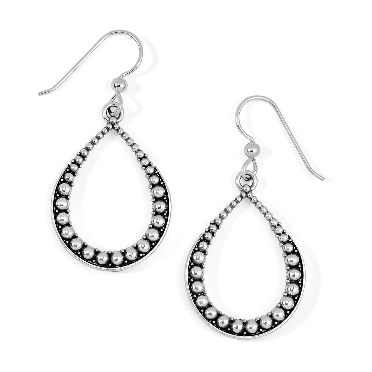 Brighton drop earrings with silver-plated beaded teardrop hoops and French wire hooks on a white background