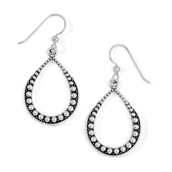 Brighton drop earrings with silver-plated beaded teardrop hoops and French wire hooks on a white background