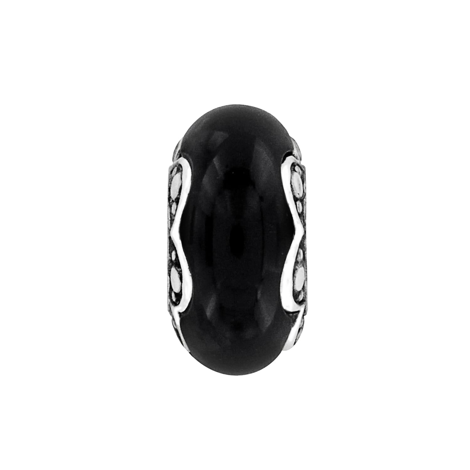 Brighton bead charm with smooth black center stone and silver-tone scrollwork side accents on a white background