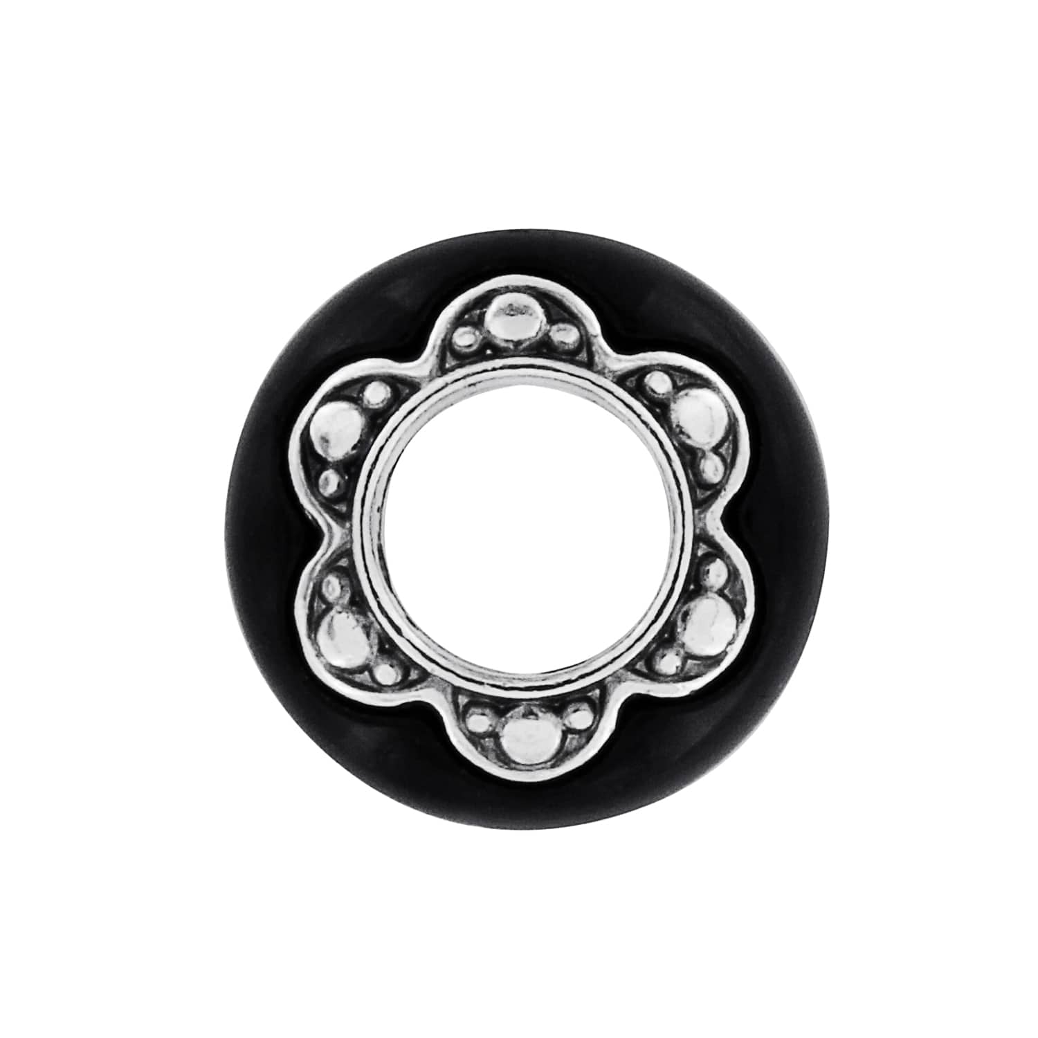 Brighton spacer bead with black outer ring and silver-tone scalloped center with dotted detailing on a white background