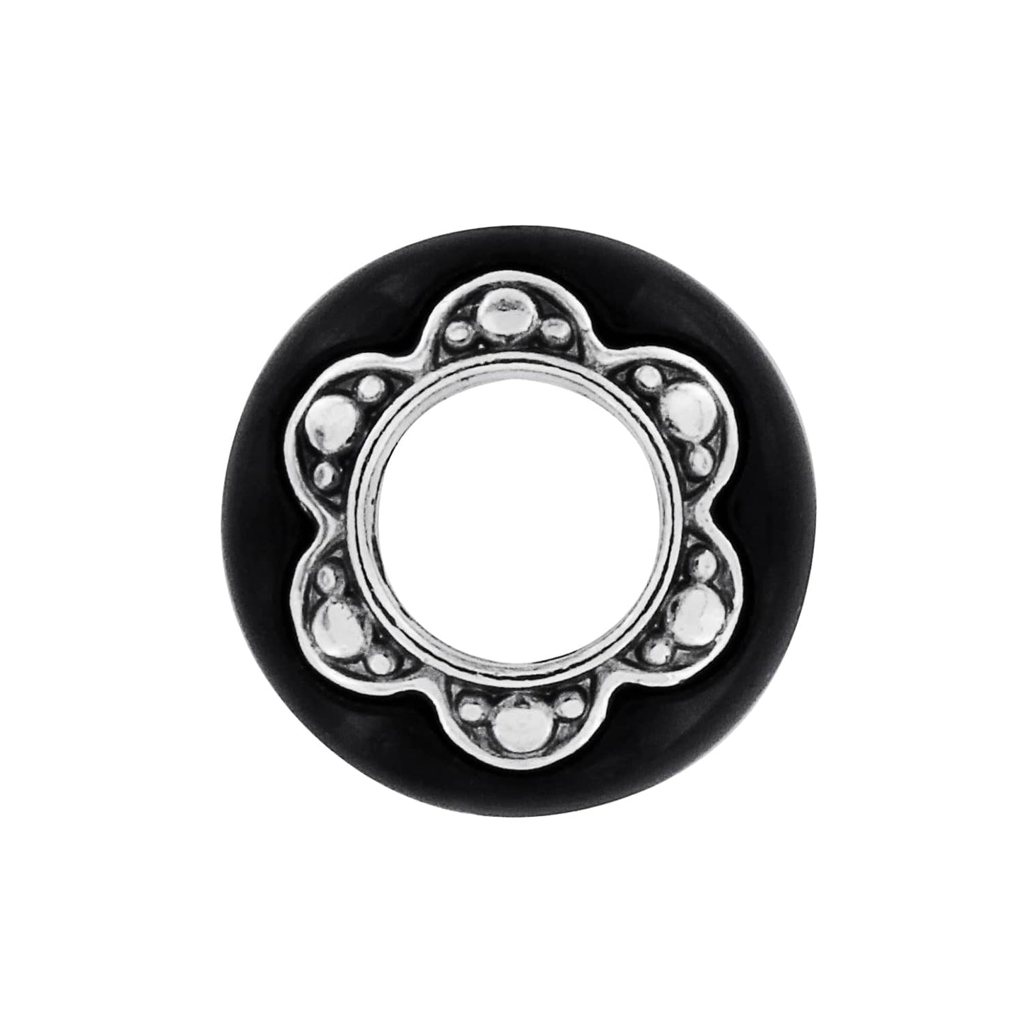 Brighton spacer bead with black outer ring and silver-tone scalloped center with dotted detailing on a white background
