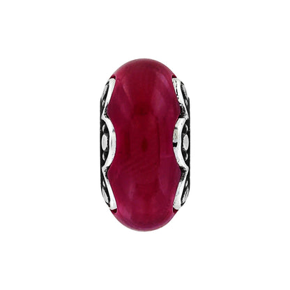 Brighton charm bead with deep pink center stone and silver-tone scrollwork side detailing on a white background