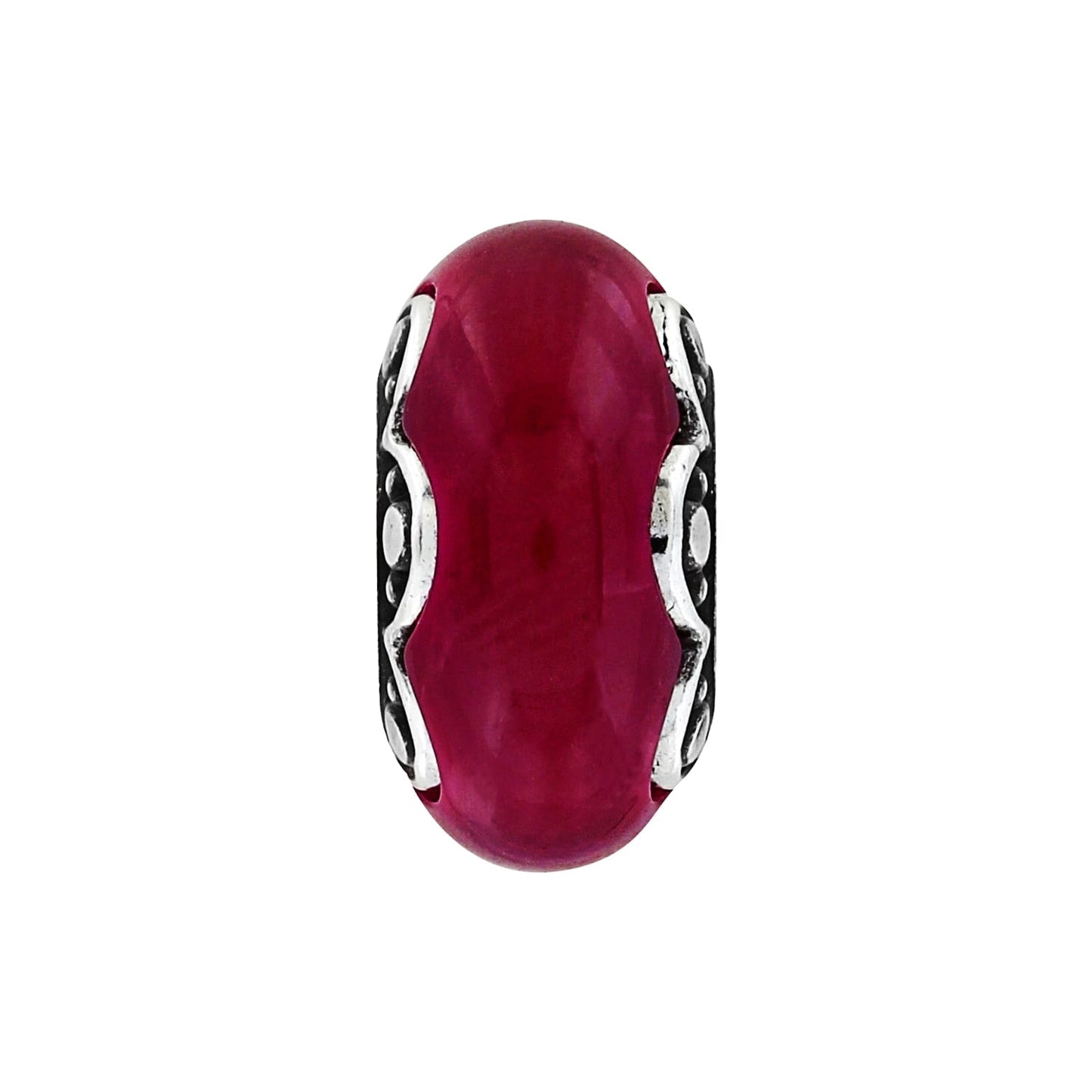 Brighton charm bead with deep pink center stone and silver-tone scrollwork side detailing on a white background