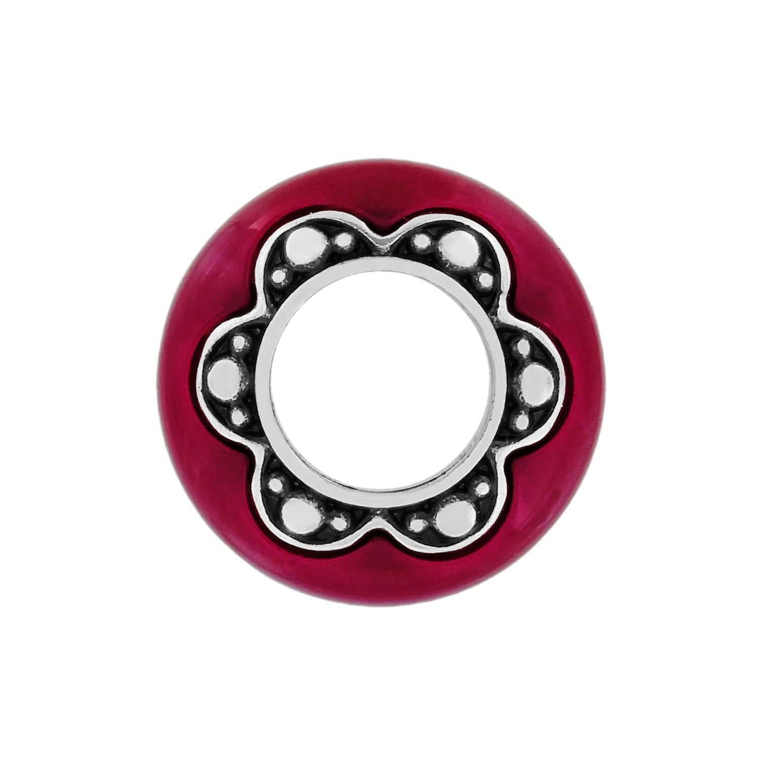 Brighton charm with pink enamel exterior and silver-tone scalloped flower opening with beaded detail on a white background
