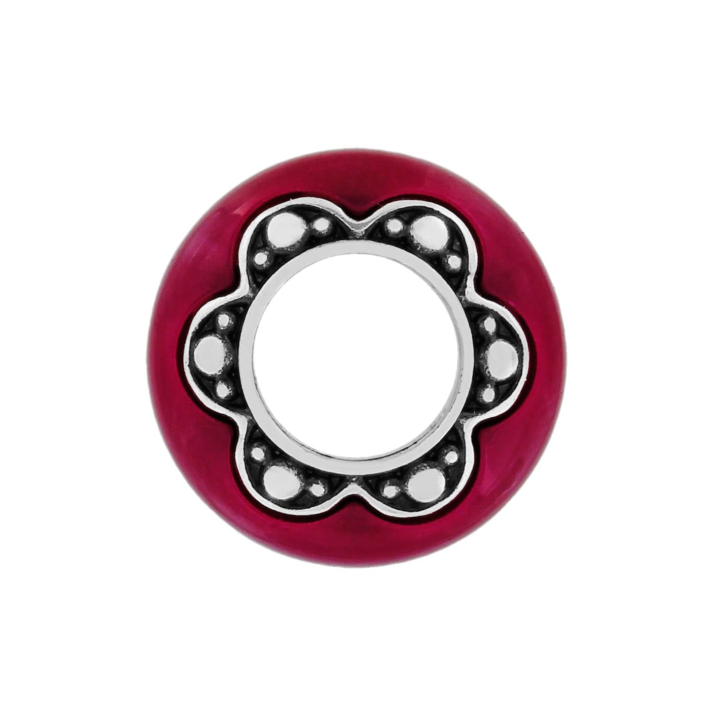 Brighton charm with pink enamel exterior and silver-tone scalloped flower opening with beaded detail on a white background