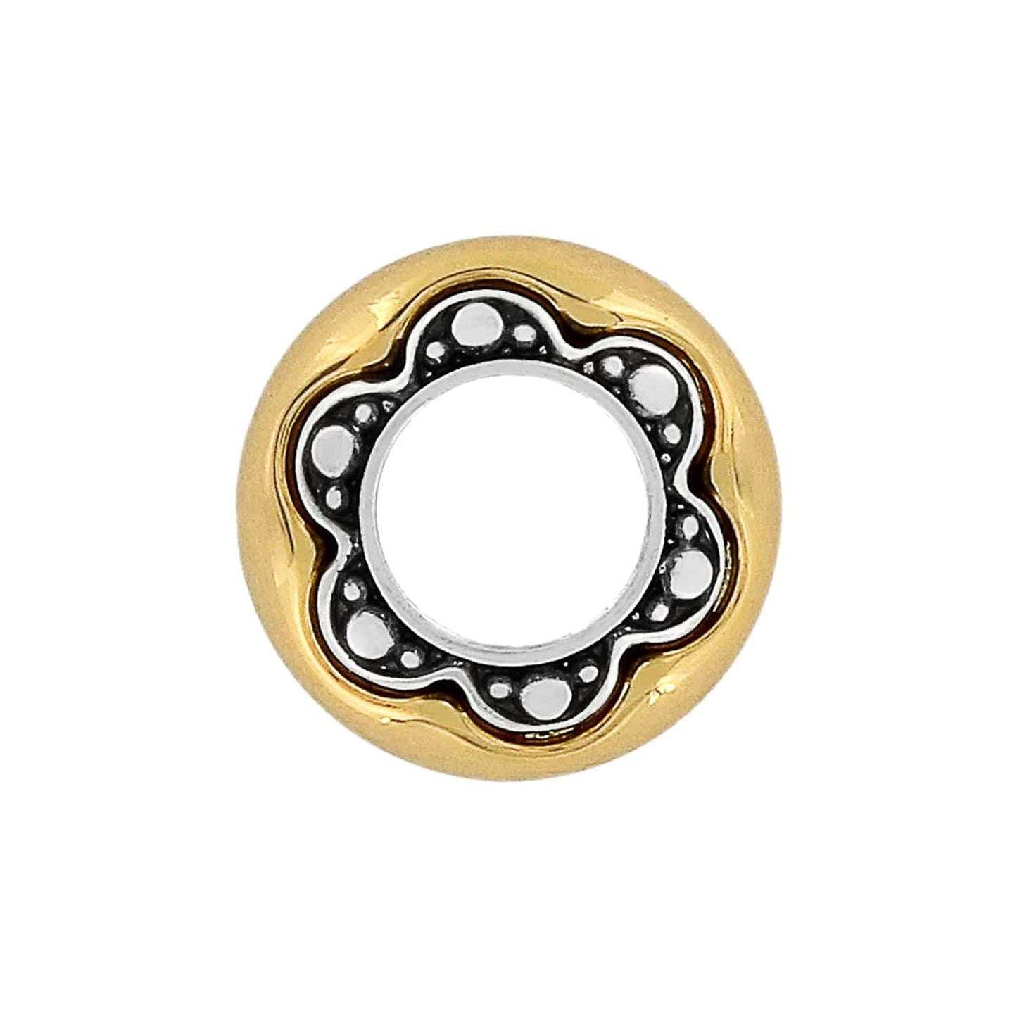 Brighton charm with gold-tone outer ring and silver-tone scalloped center with dotted detailing on a white background