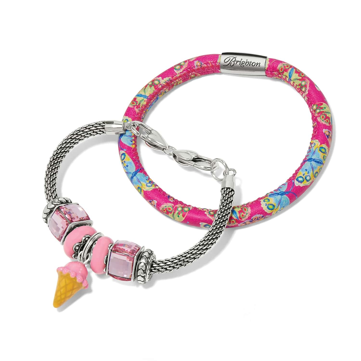Brighton bracelets with pink butterfly print band and silver mesh style featuring pink crystal beads and ice cream charm on a white background