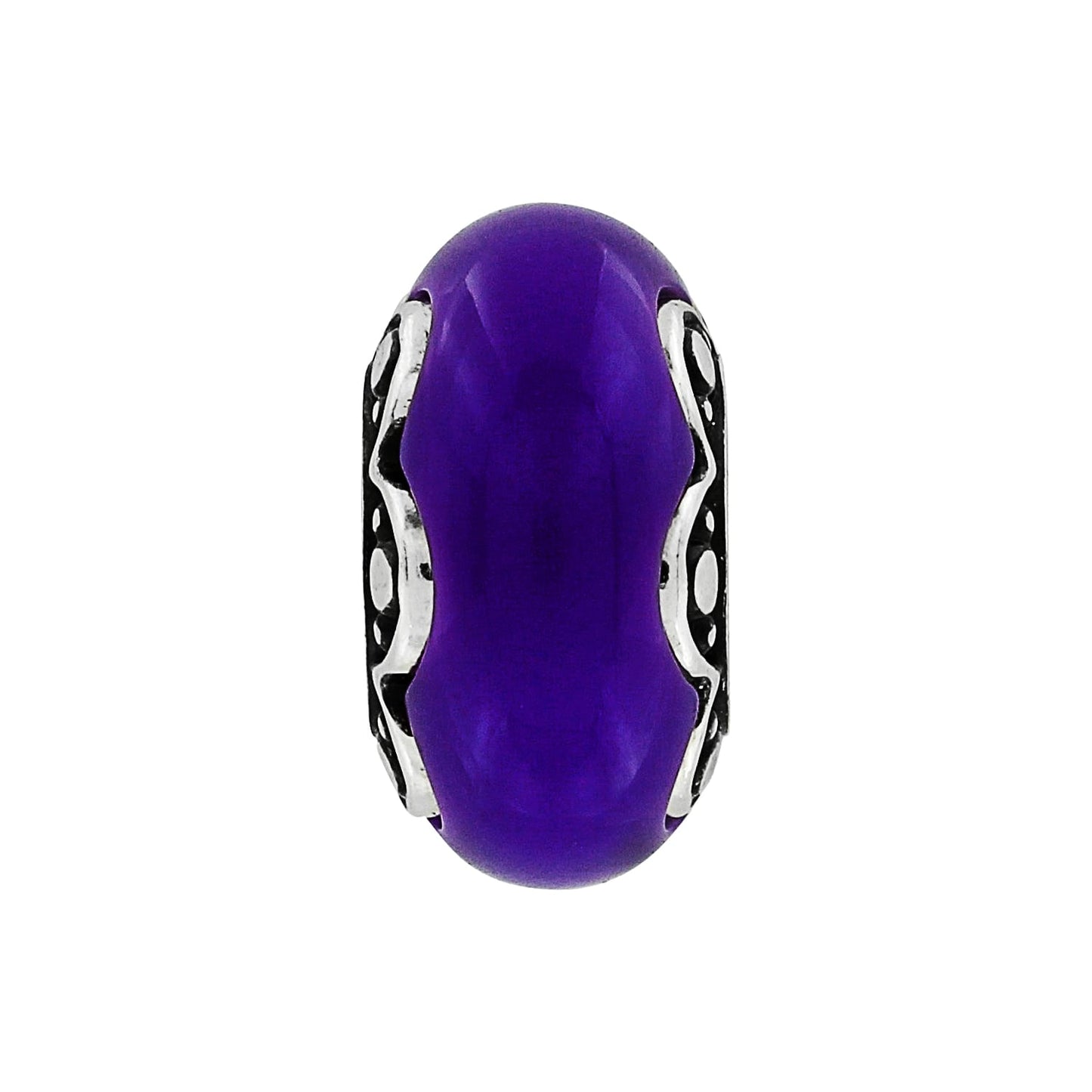 Brighton charm bead with purple stone center and silver-tone scrollwork side accents on a white background