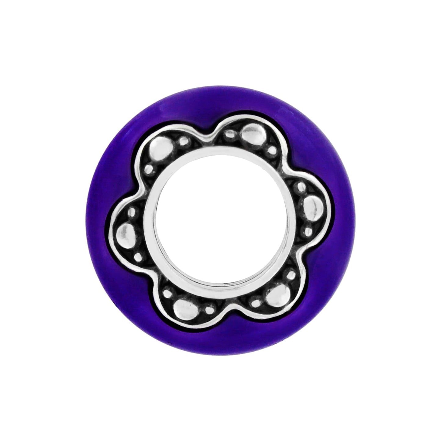 Brighton charm bead with purple enamel border and silver-tone scalloped flower center with dotted detail on a white background