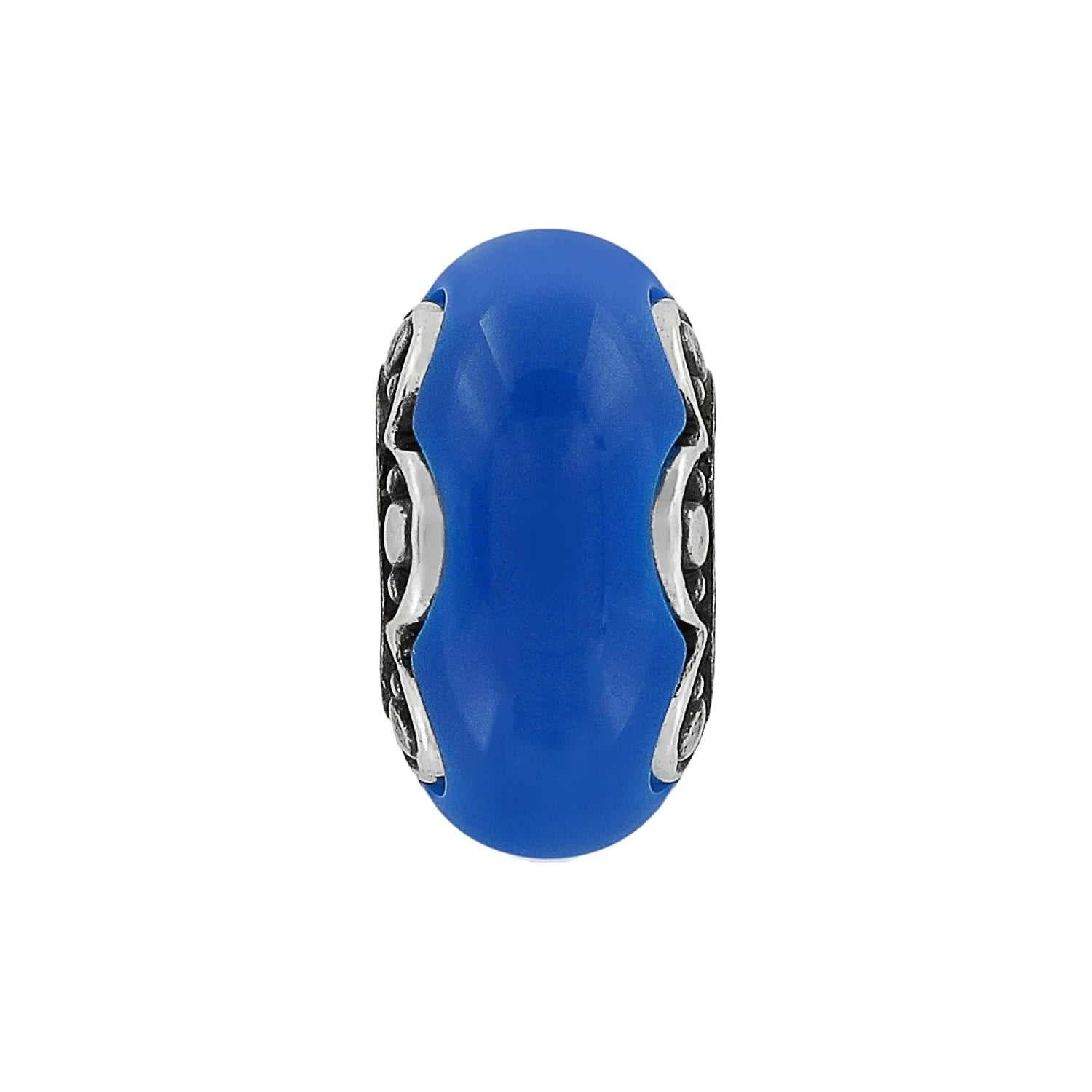 Brighton bead charm with blue center stone and ornate silver-tone scrollwork sides on a white background