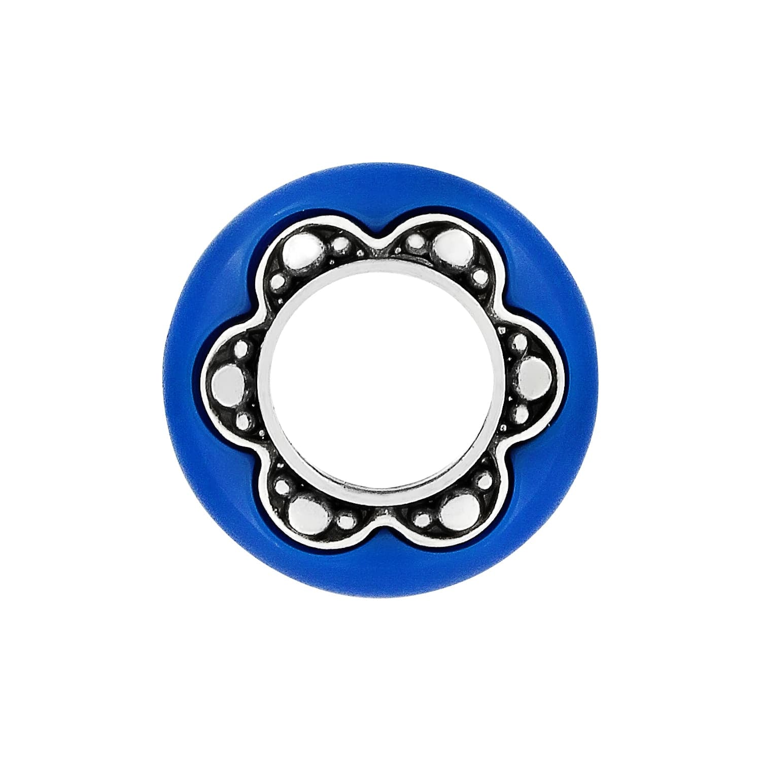 Brighton spacer charm with blue outer ring and silver-tone scalloped flower-shaped center with beaded detail on a white background