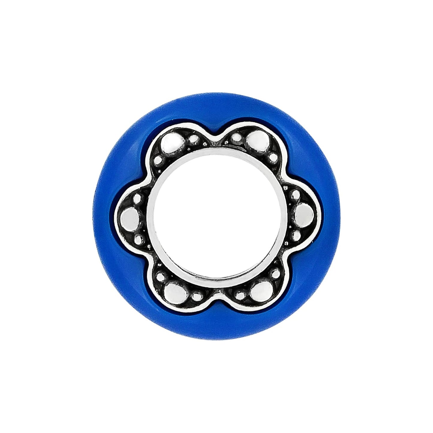 Brighton spacer charm with blue outer ring and silver-tone scalloped flower-shaped center with beaded detail on a white background