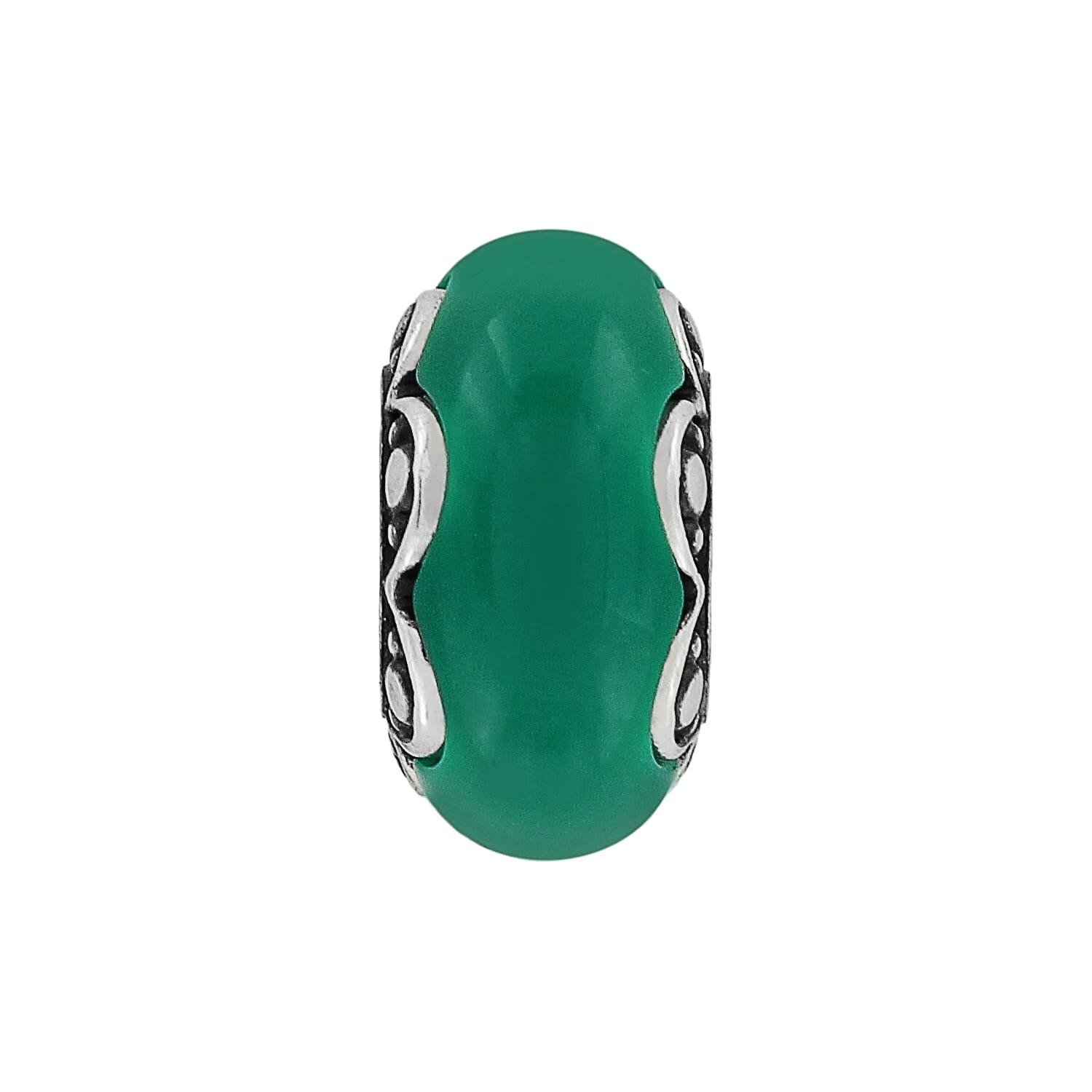 Brighton bead charm with green stone center and silver-tone scrollwork side detailing on a white background