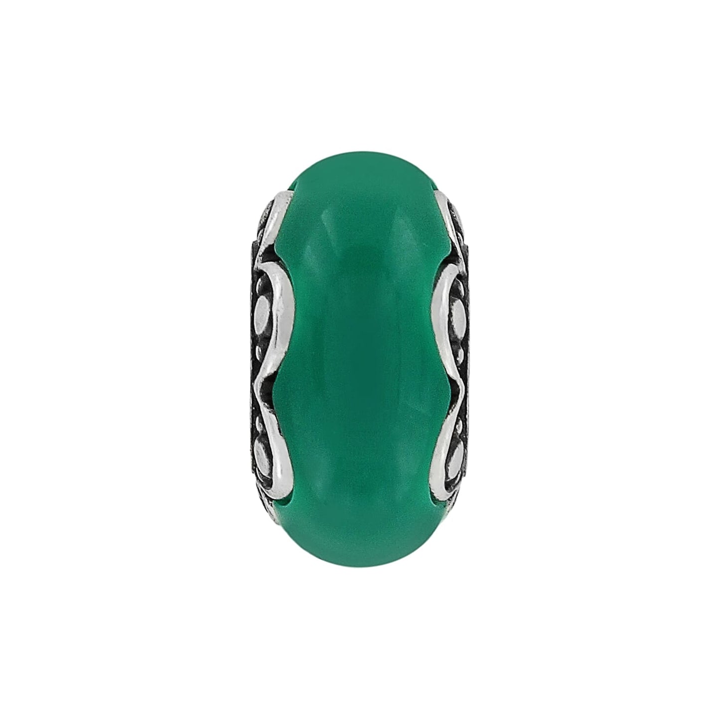 Brighton bead charm with green stone center and silver-tone scrollwork side detailing on a white background