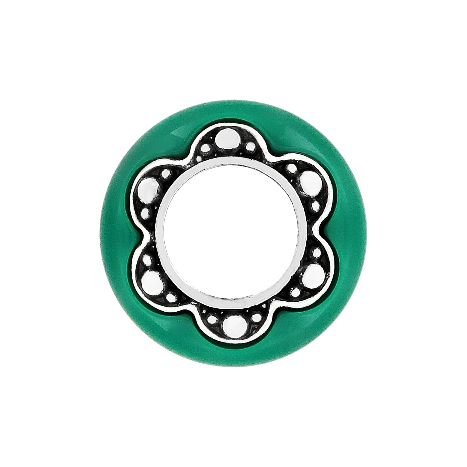 Brighton charm bead with green outer ring and silver-tone scalloped flower center with dot detailing on a white background