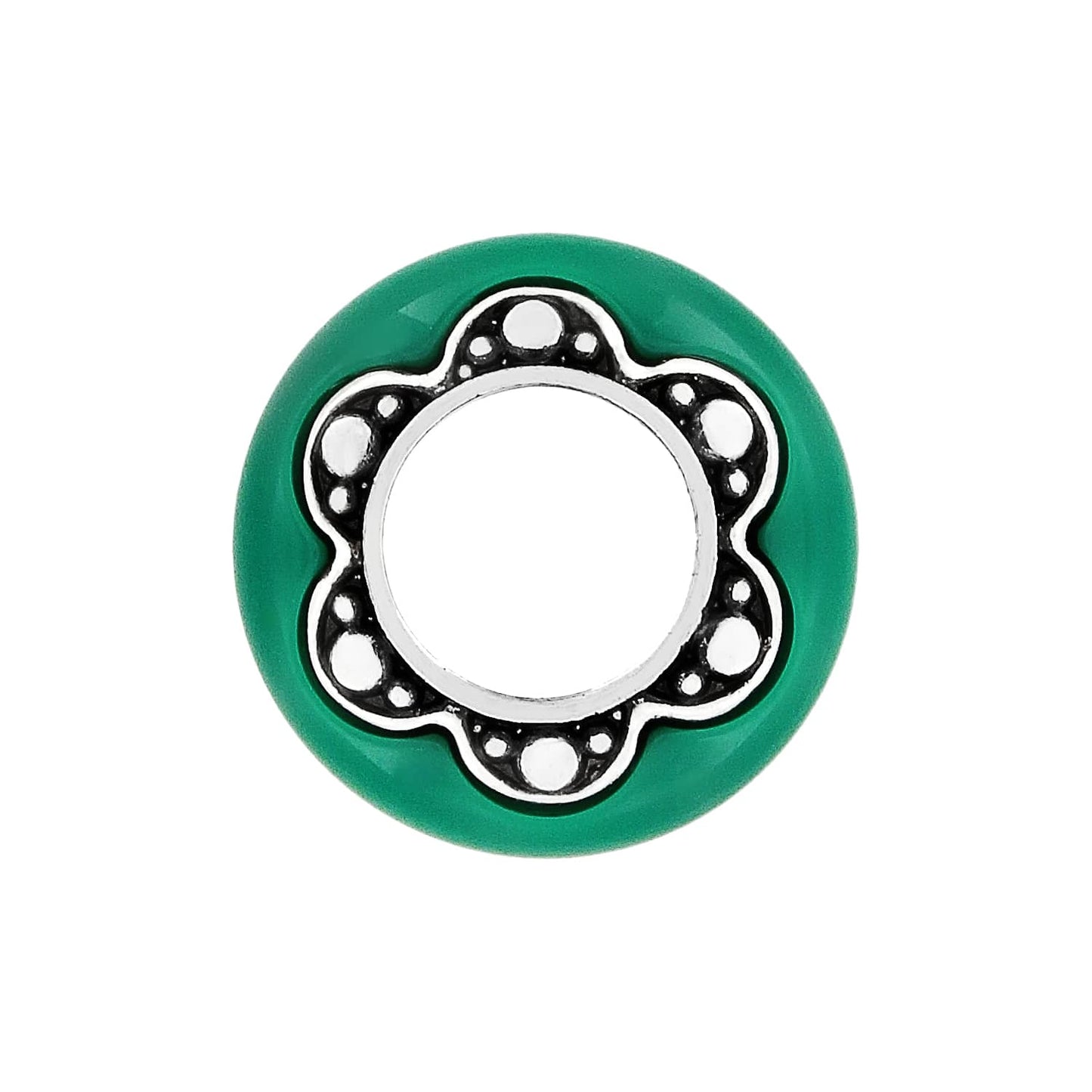 Brighton charm bead with green outer ring and silver-tone scalloped flower center with dot detailing on a white background