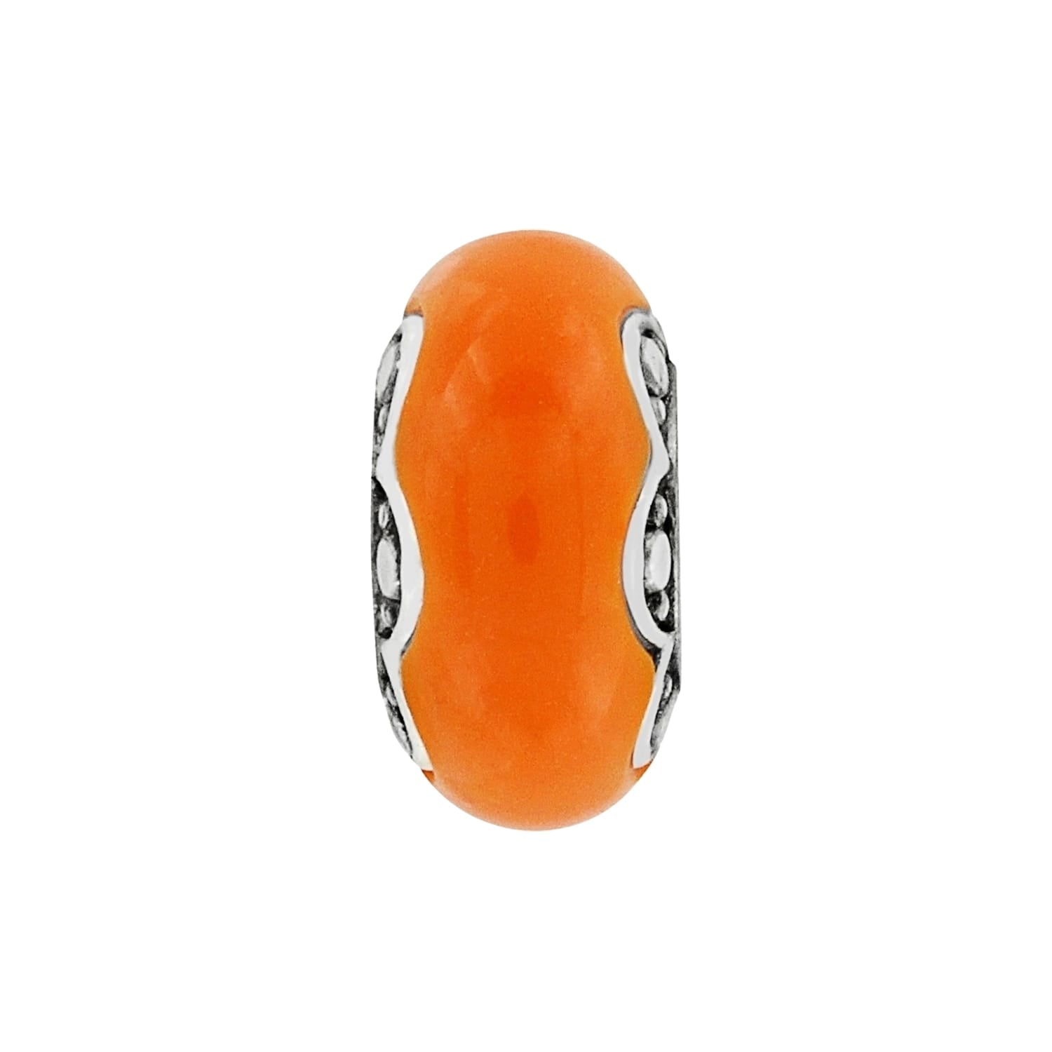 Brighton charm bead with orange center stone and silver-tone scrollwork end caps on a white background