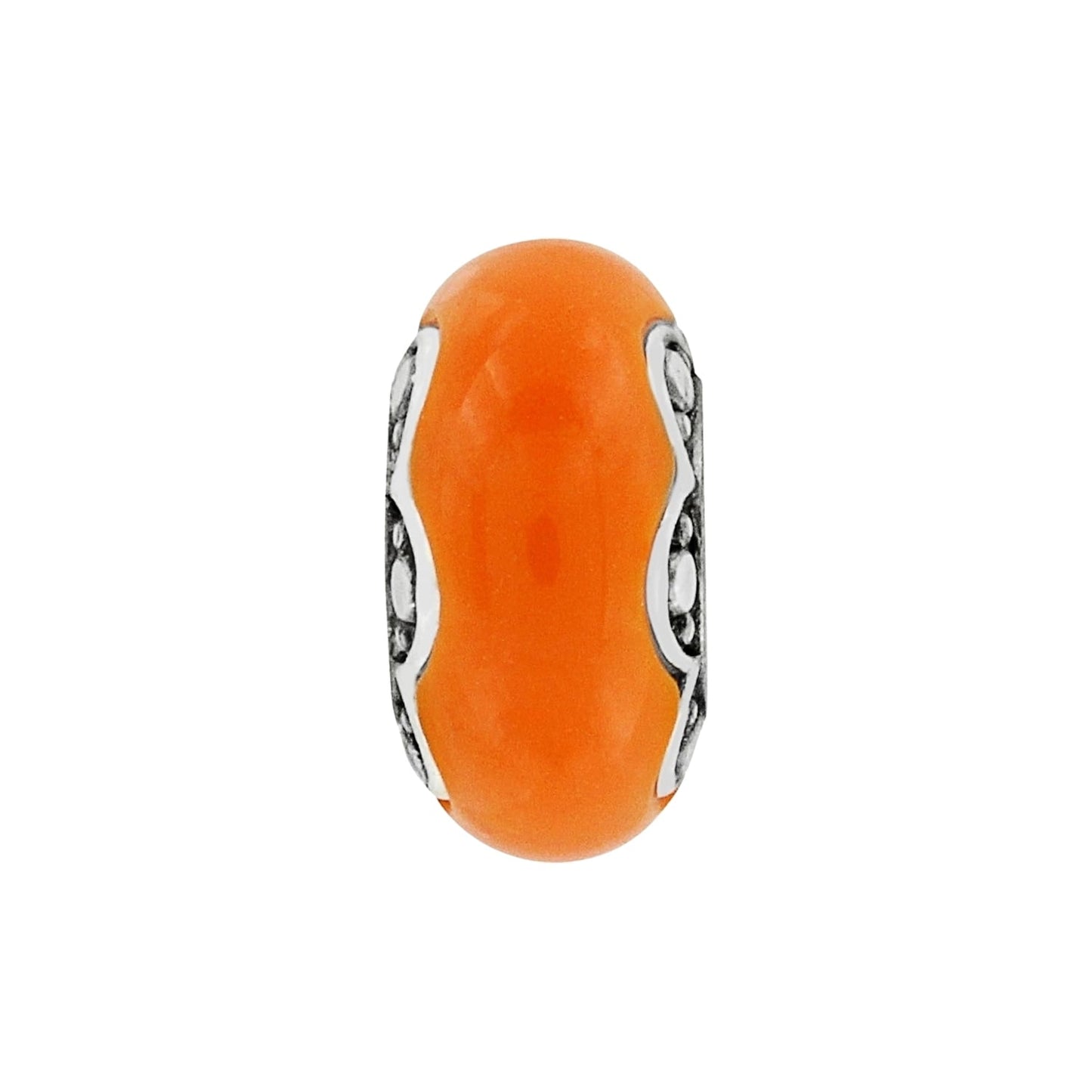 Brighton charm bead with orange center stone and silver-tone scrollwork end caps on a white background