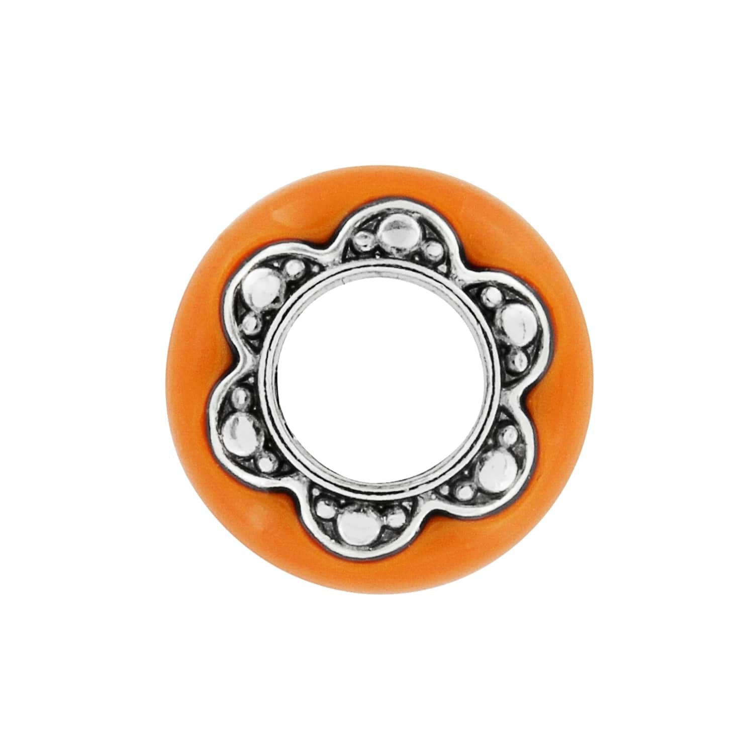Brighton bead charm with orange enamel exterior and silver-tone scalloped flower center opening on a white background