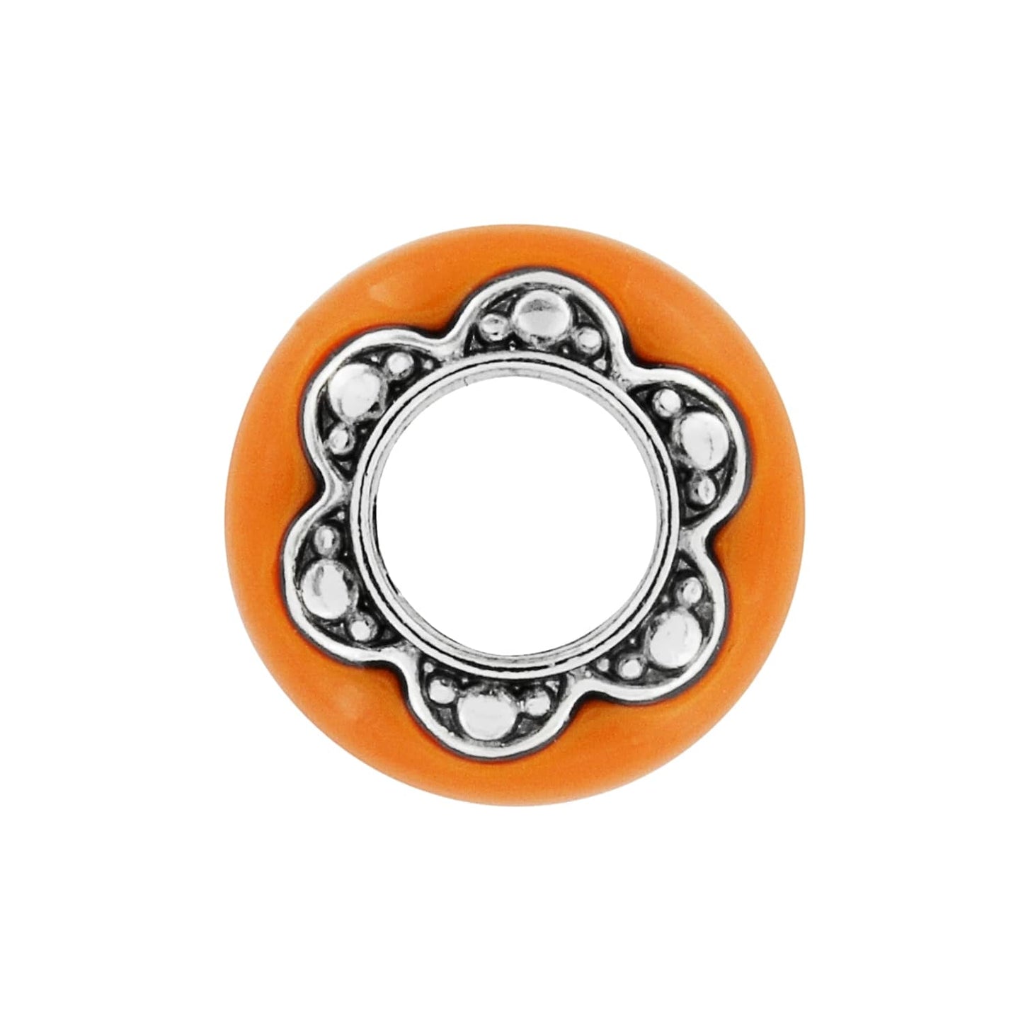 Brighton bead charm with orange enamel exterior and silver-tone scalloped flower center opening on a white background