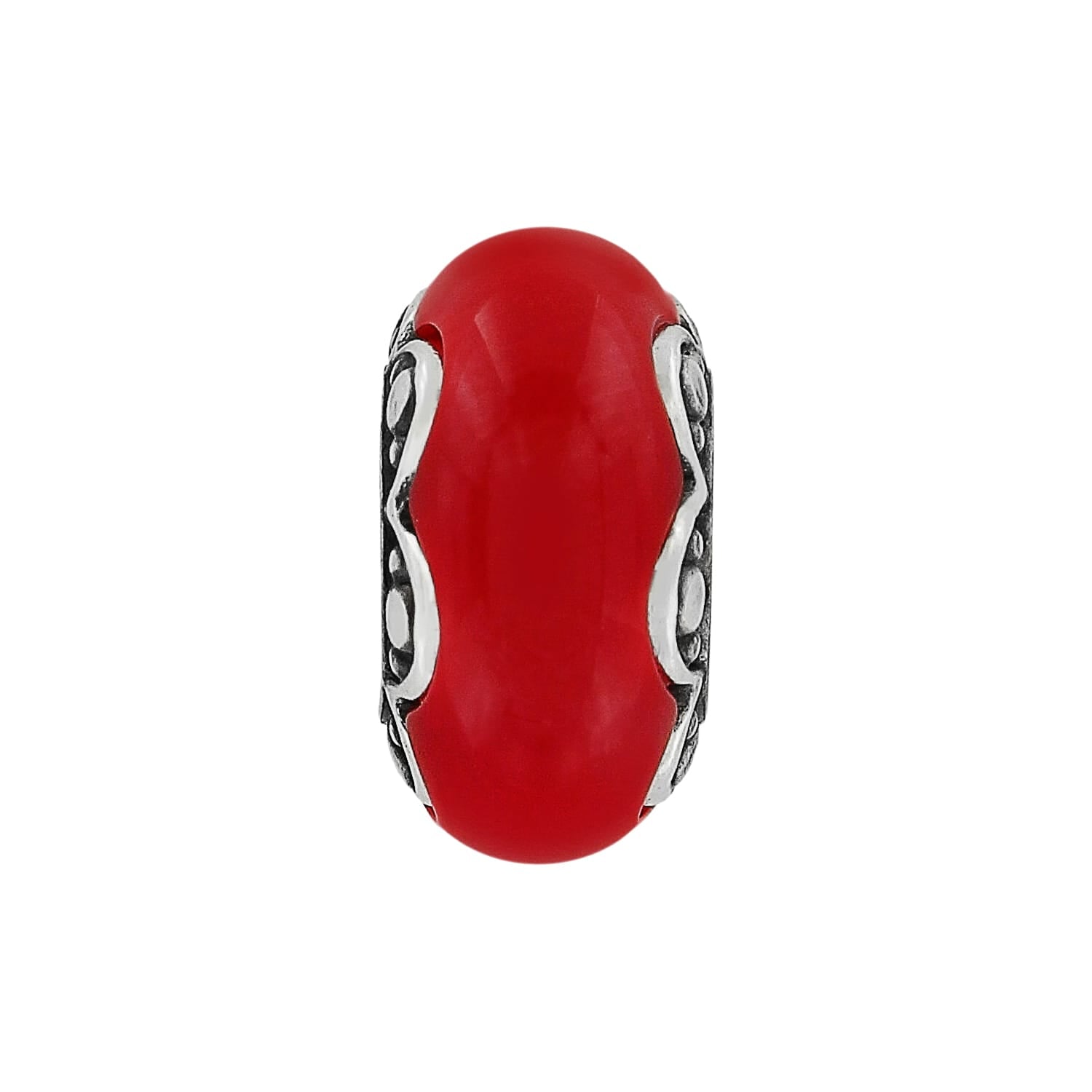 Brighton bead charm with red center stone and silver-tone scrollwork side detailing on a white background