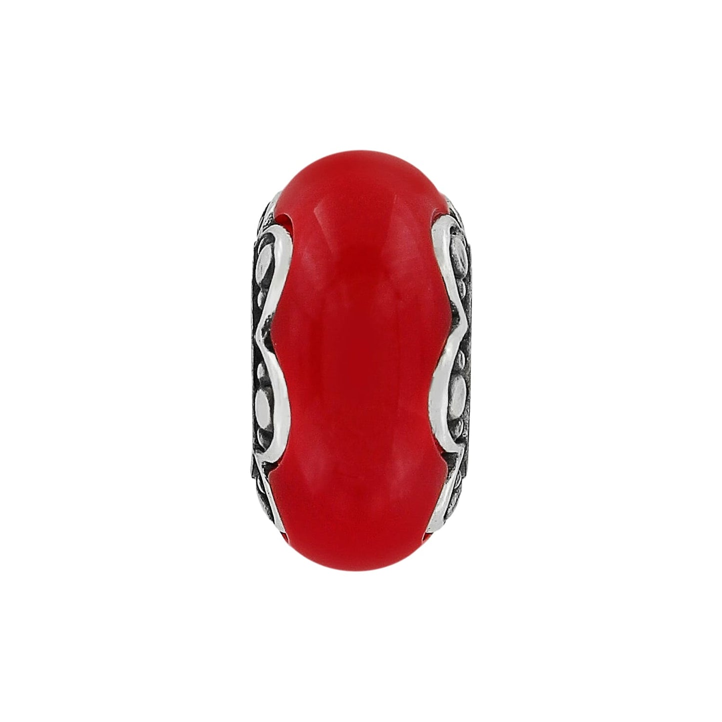 Brighton bead charm with red center stone and silver-tone scrollwork side detailing on a white background