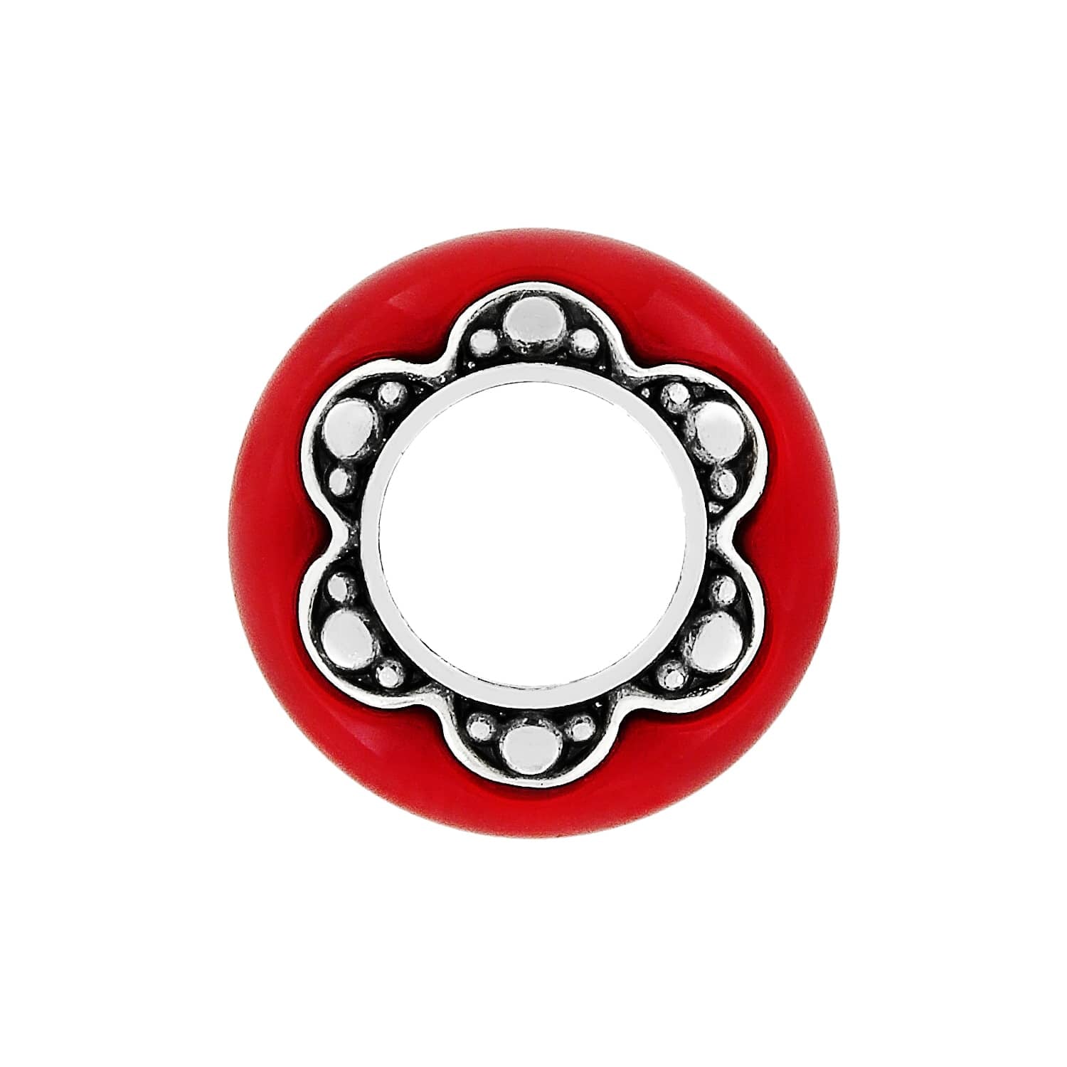 Brighton bead charm with red enamel exterior and silver-tone scalloped flower center design on a white background