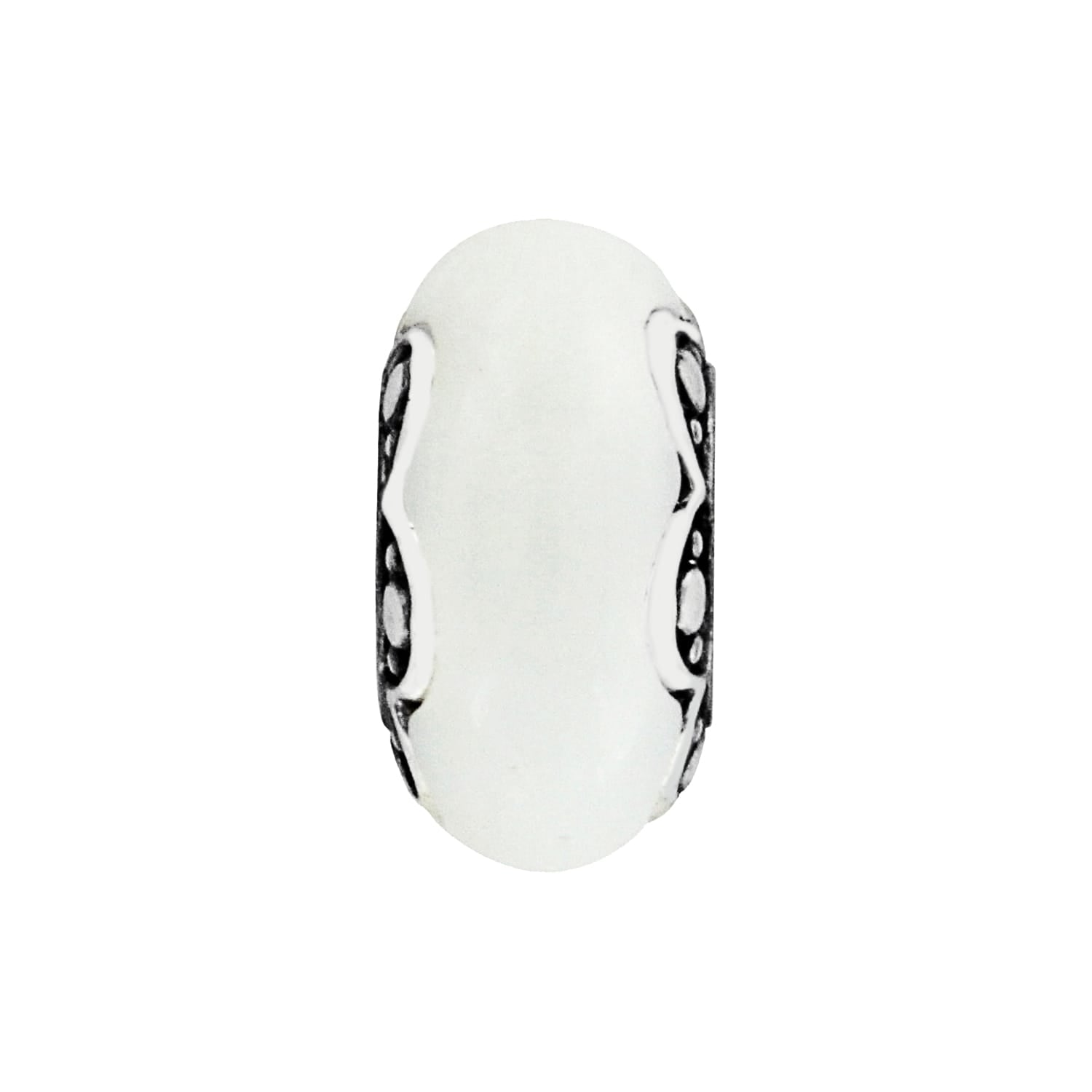 Brighton charm bead with white center and silver-tone patterned side accents on a white background