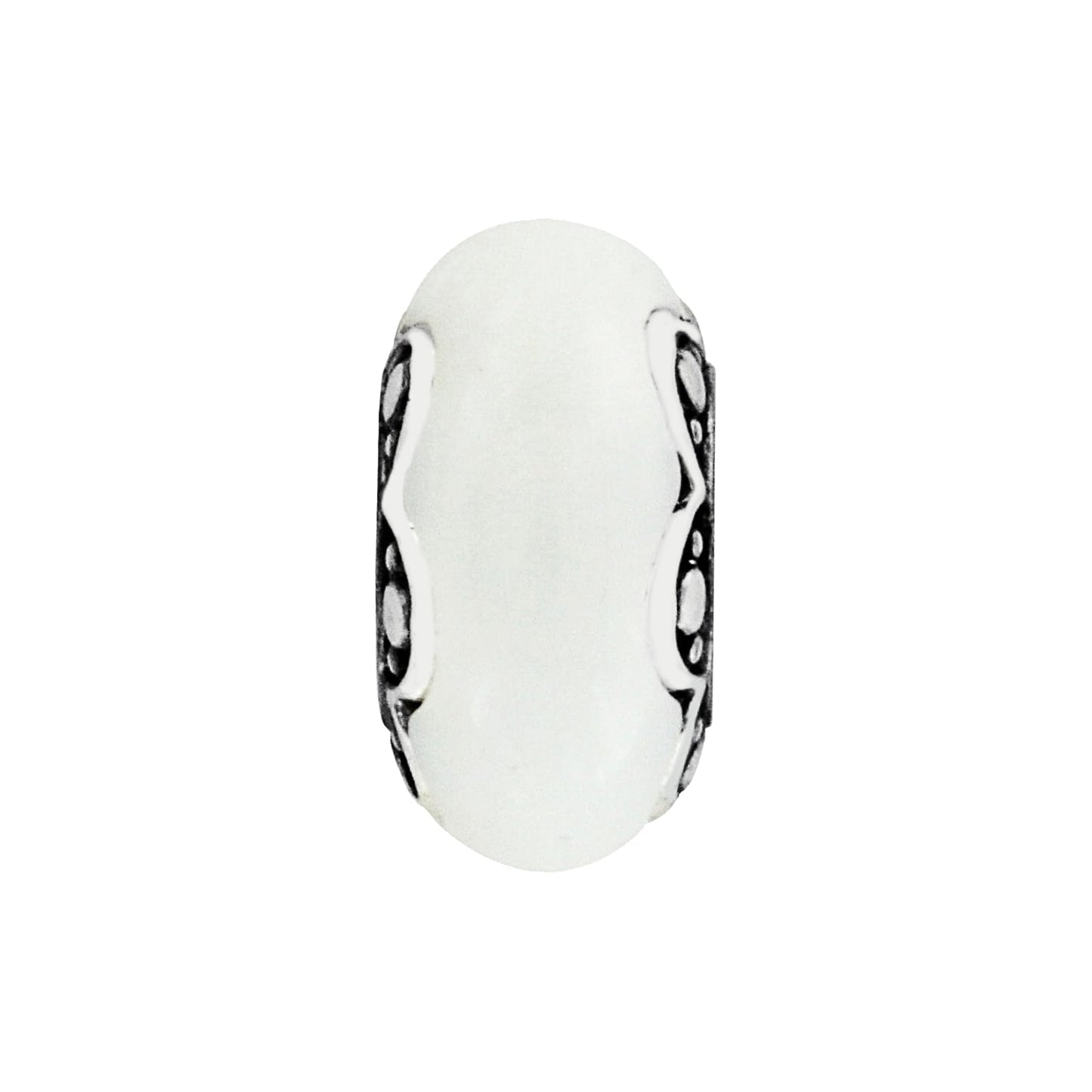 Brighton charm bead with white center and silver-tone patterned side accents on a white background
