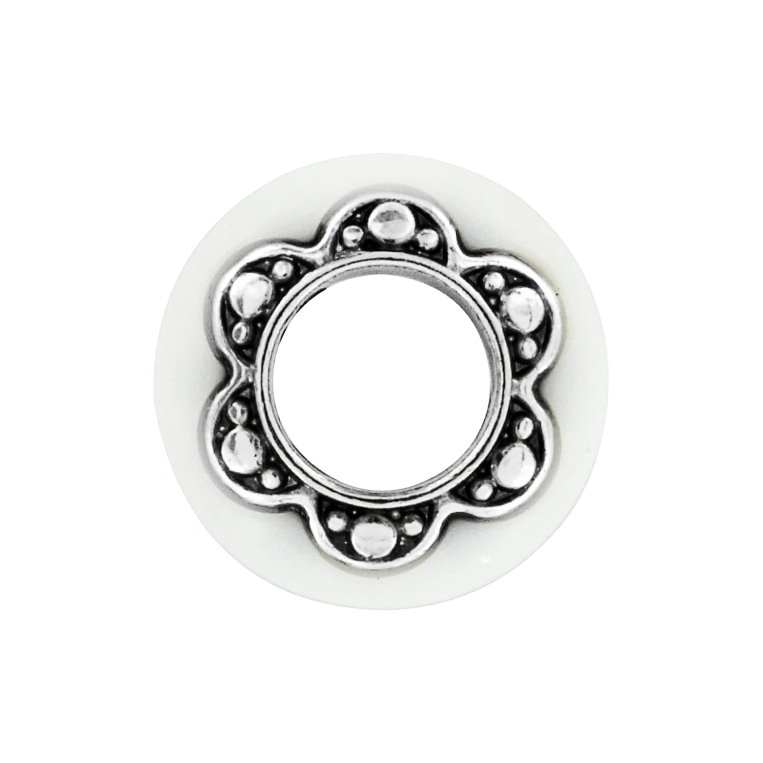Brighton spacer bead with silver-tone scalloped floral design and white enamel outer ring on a white background