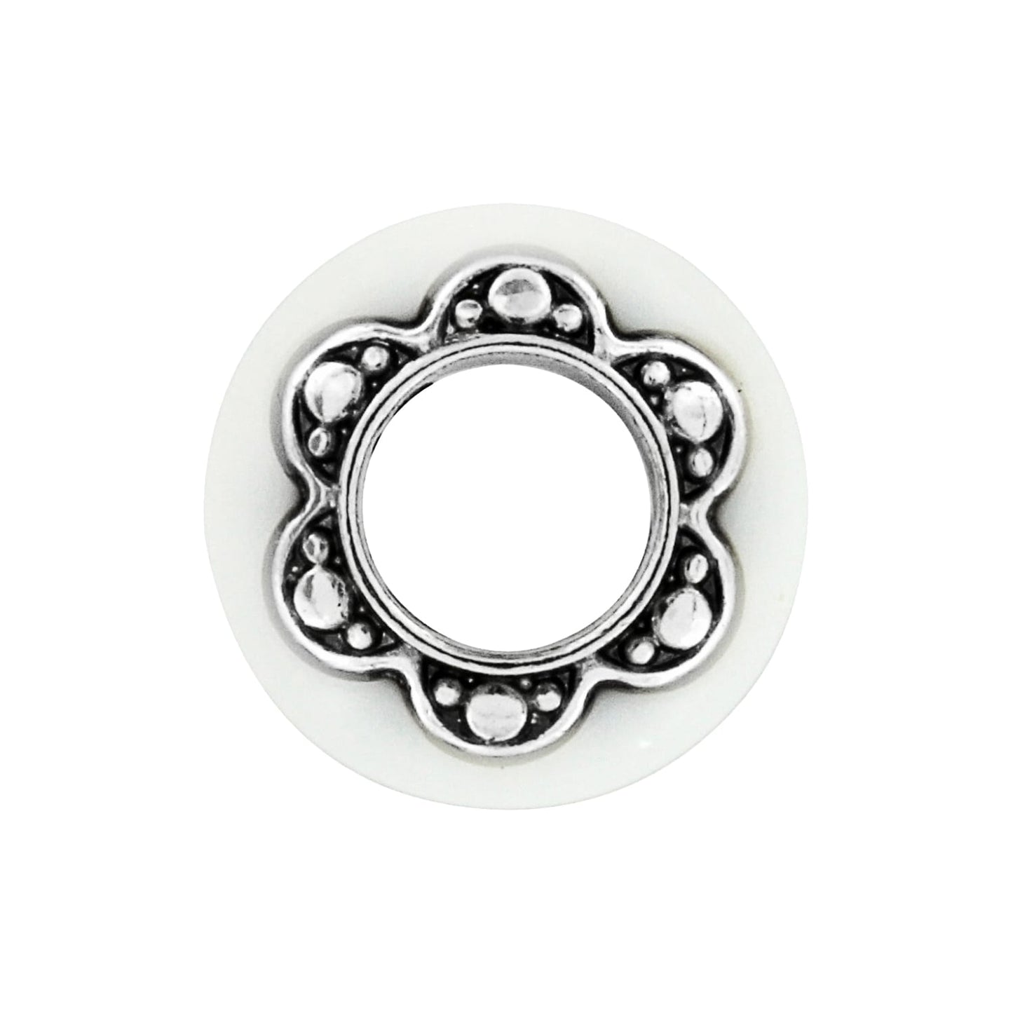 Brighton spacer bead with silver-tone scalloped floral design and white enamel outer ring on a white background